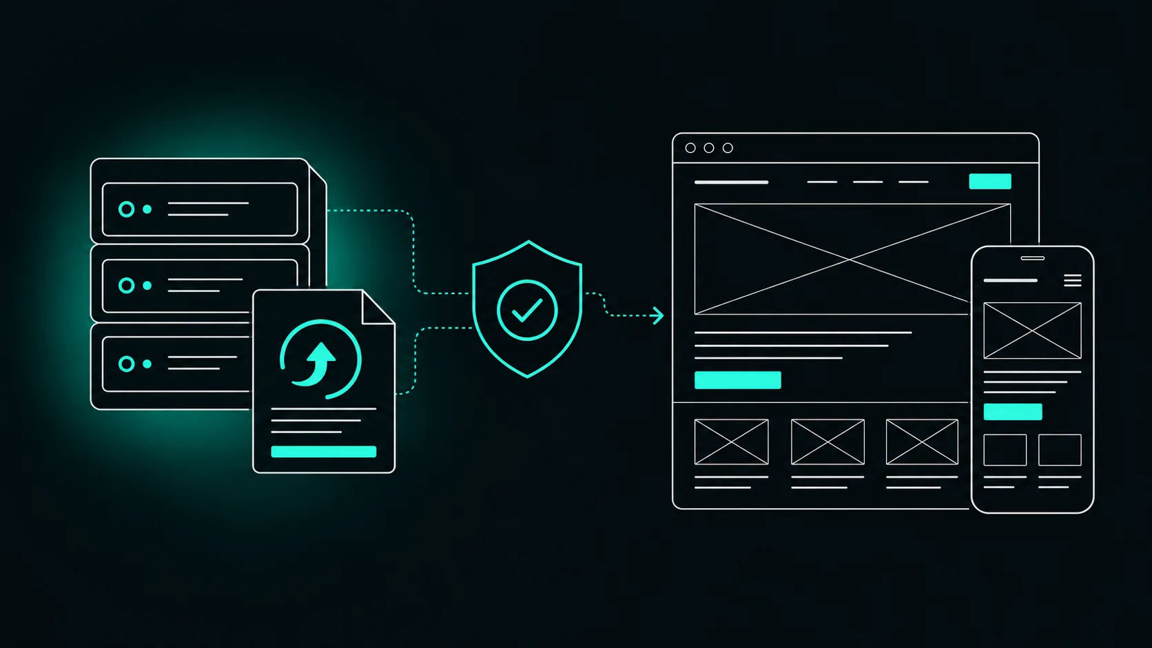 Hosting servers and a security shield connected to website wireframes