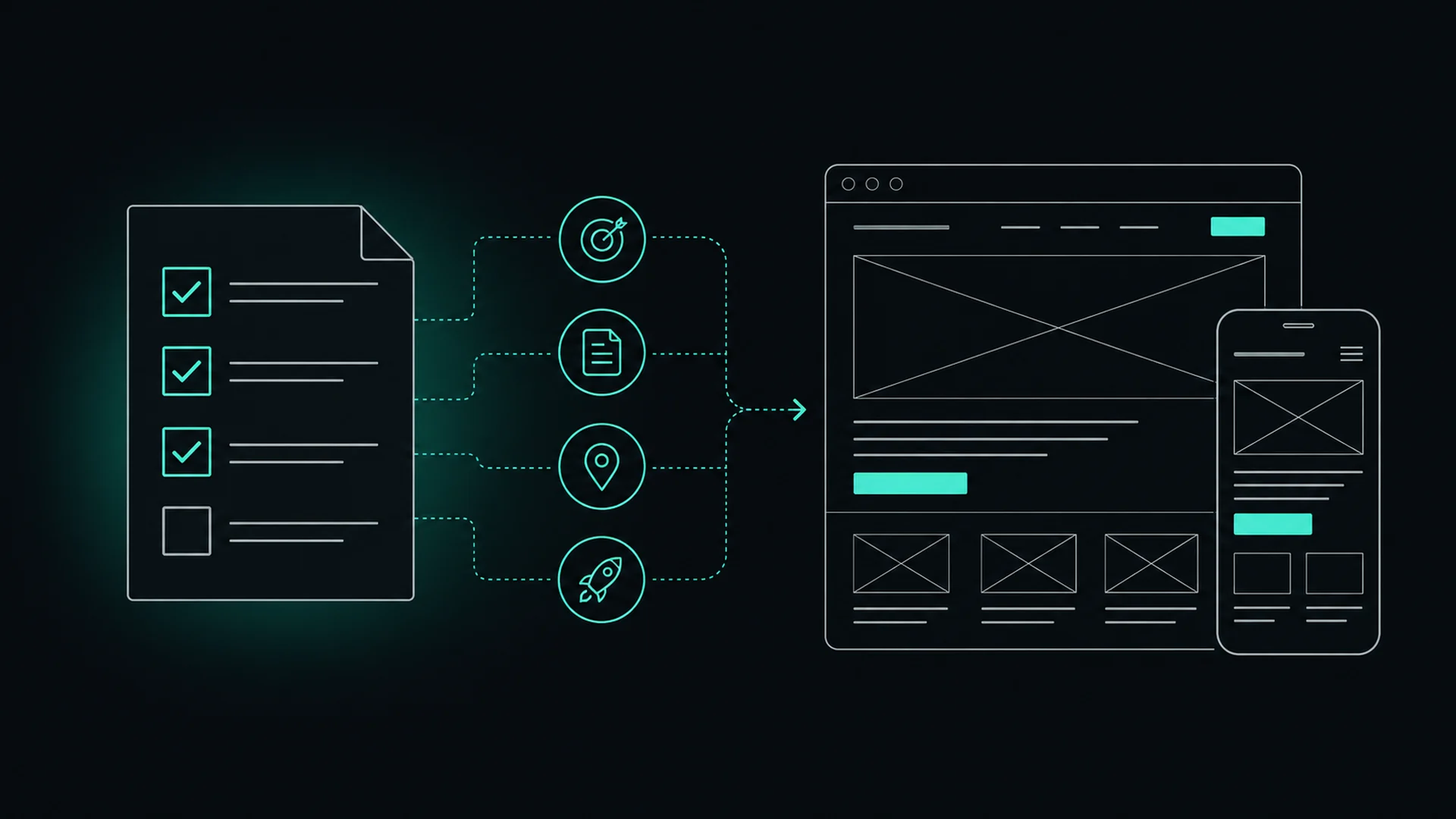 Planning checklist connected to desktop and mobile website wireframes