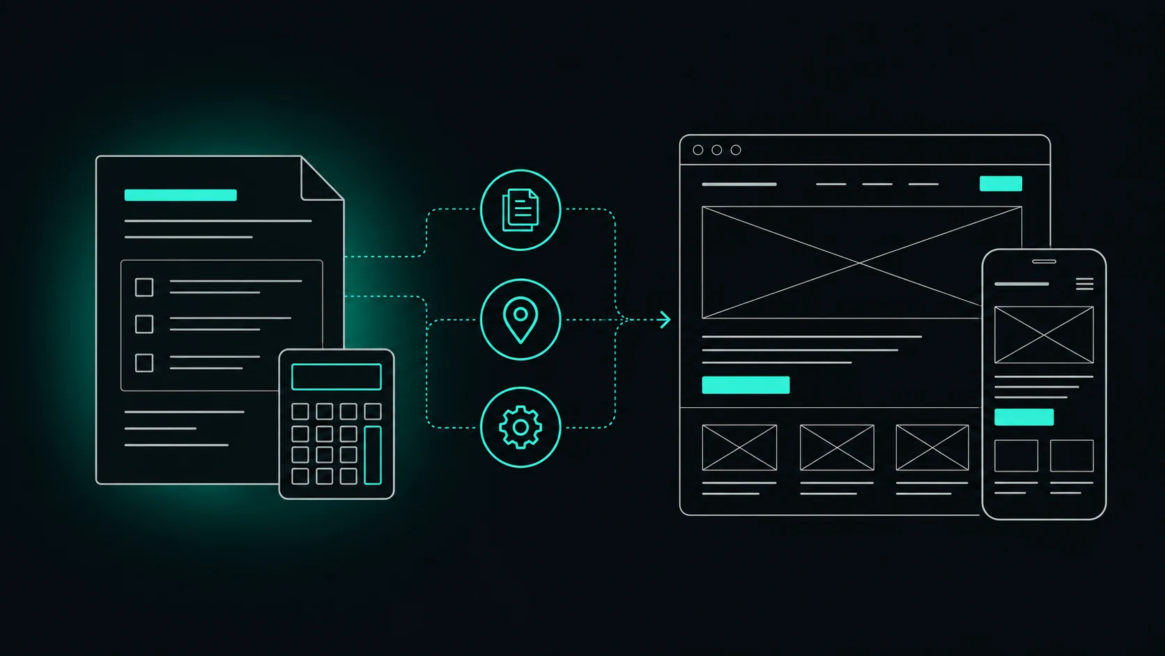 Proposal and calculator connected to website scope icons and wireframes