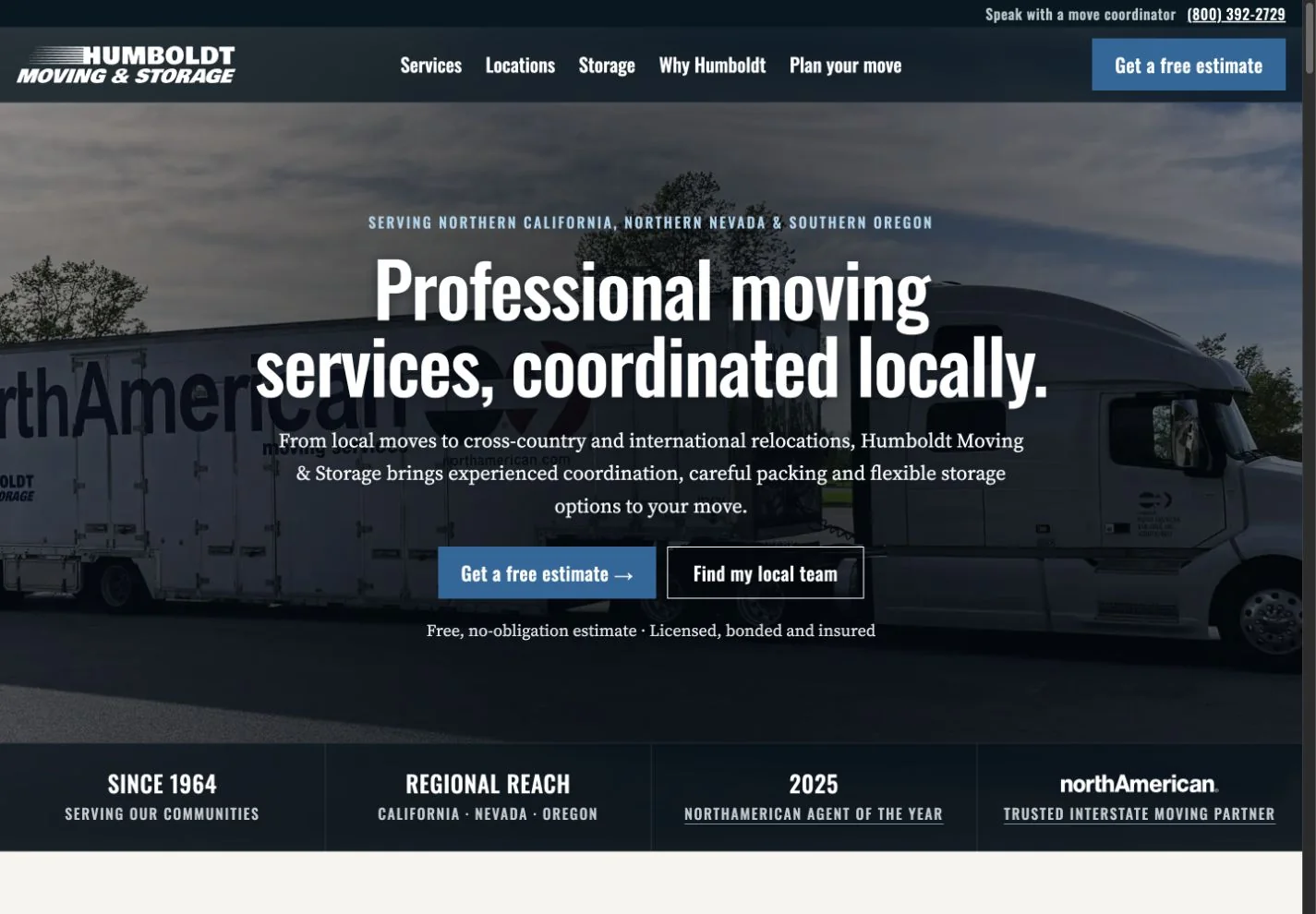 Humboldt Moving and Storage redesigned homepage with estimate and local-team links