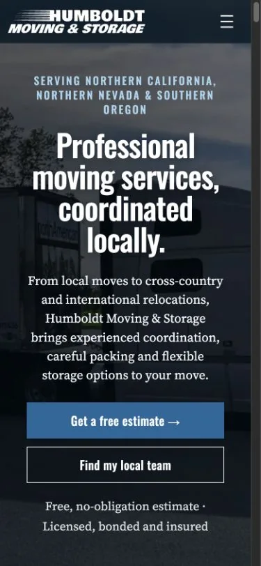 Redesigned mobile homepage showing moving services and estimate and local-team actions