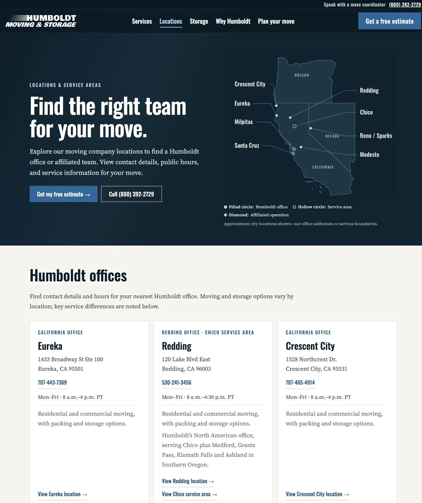 Redesigned Humboldt directory showing a regional map and detailed office cards