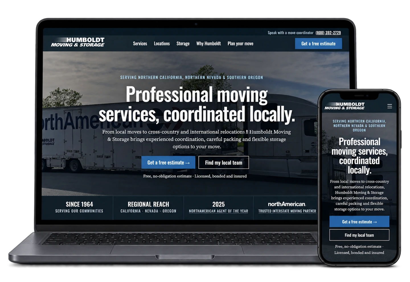 Humboldt Moving and Storage website displayed on a laptop and phone
