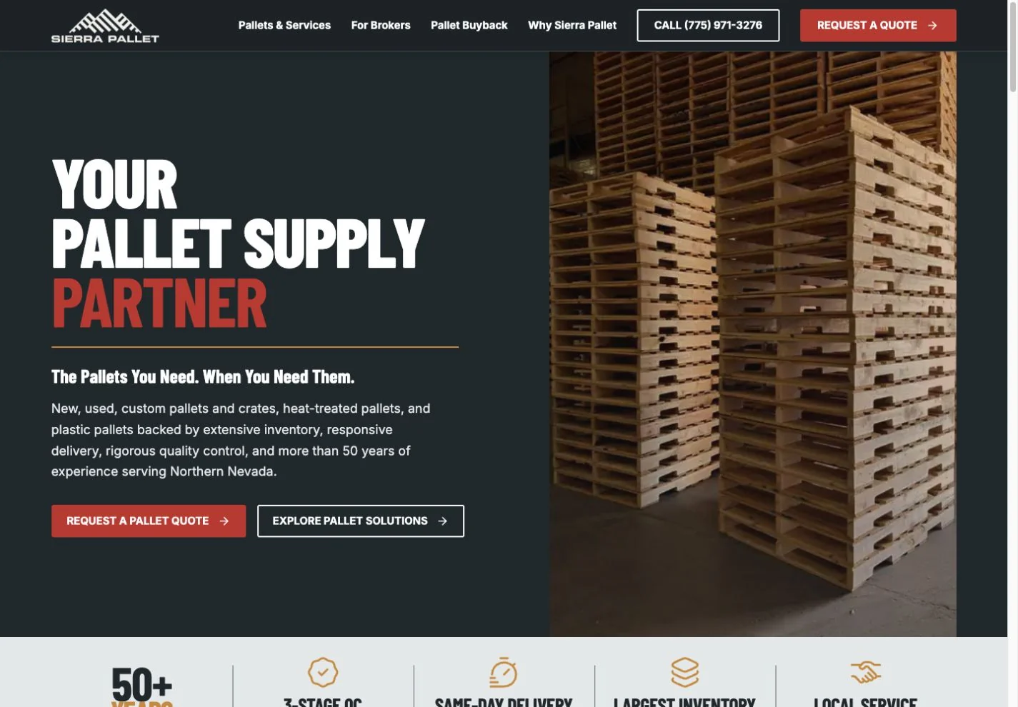 Sierra Pallet redesigned homepage with product information and quote-request buttons